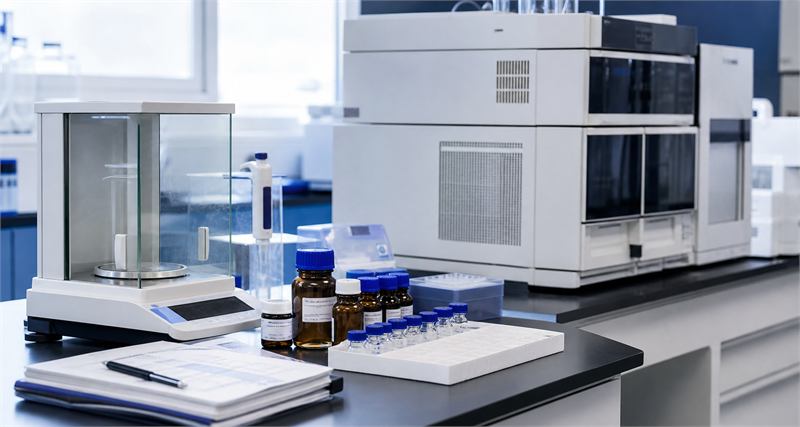 Chemical reagent samples and analytical instruments in a modern laboratory